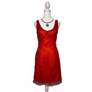Vintage Express Mesh Overlay Beaded Red Bustier Dress Plunge Neck 90s Y2k